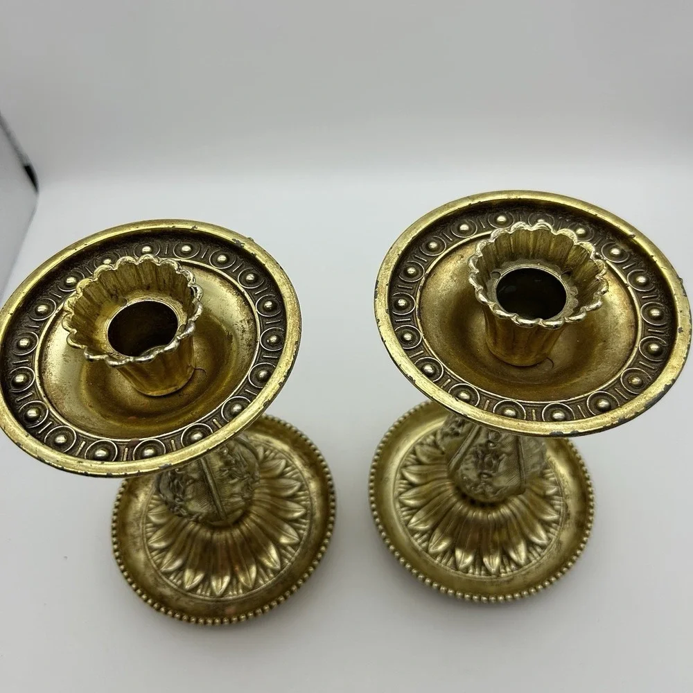VTG‎ Villy Gold Ornate Cast Metal & Resin Candlestick Pillar Candle Holder SET 2